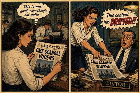 Two pulp comic book style panels showing a woman reading a newspaper with the headline CMS Scandal Widens, then presenting it to the editor saying, This Content Has Drifted!