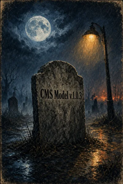 A tombstone in a graveyard at night under a full moon, with an inscription saying CMS Model 1.0.3